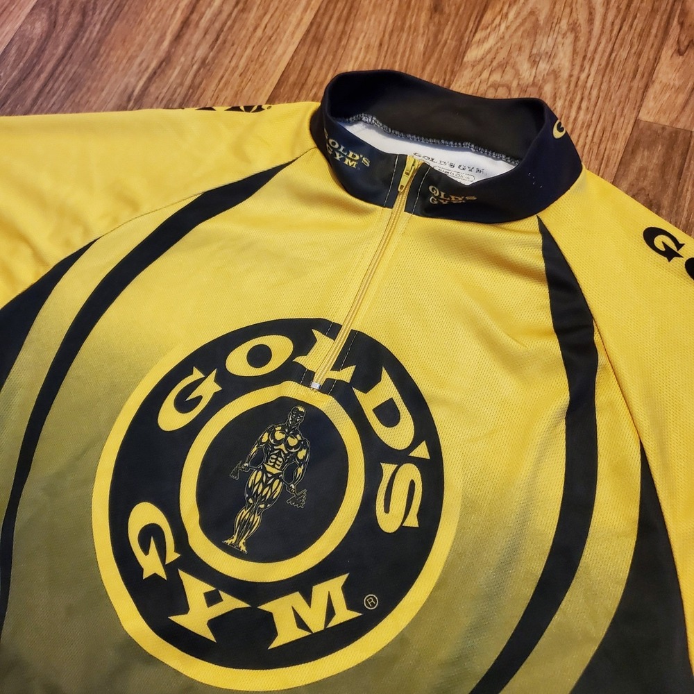 Gold's Gym Cycling Jersey Men Large Yellow Black 1/4 Zip Short Sleeve Gym-Dri